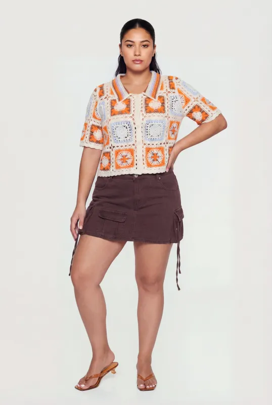 Plus Size Scallop Trim Button Front Crochet Top made by Rainbow