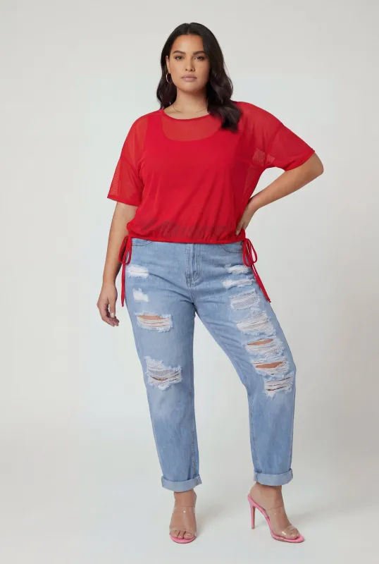 Plus Size Short Sleeve Mesh Top with Side Ties made by Rainbow