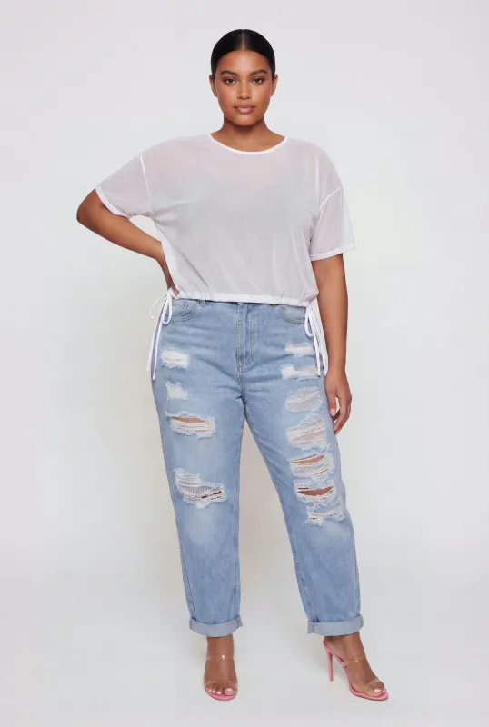 Plus Size Short Sleeve Mesh Top with Side Ties made by Rainbow