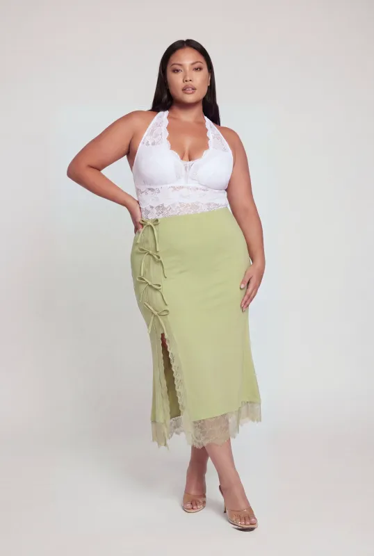 Plus Size Lace Detail Midi Skirt with Bows made by Rainbow