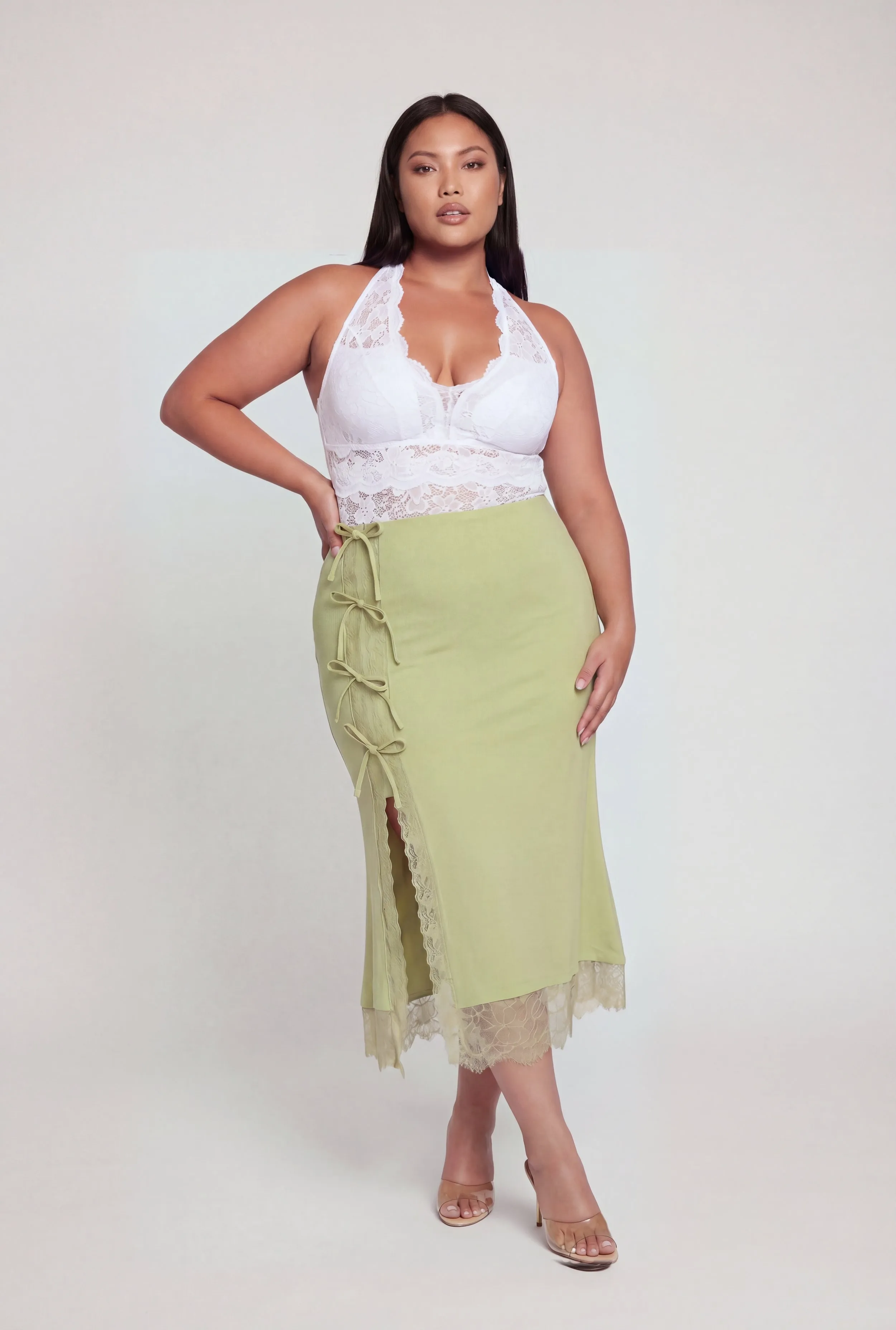 Plus Size Lace Detail Midi Skirt with Bows sold by Rainbow