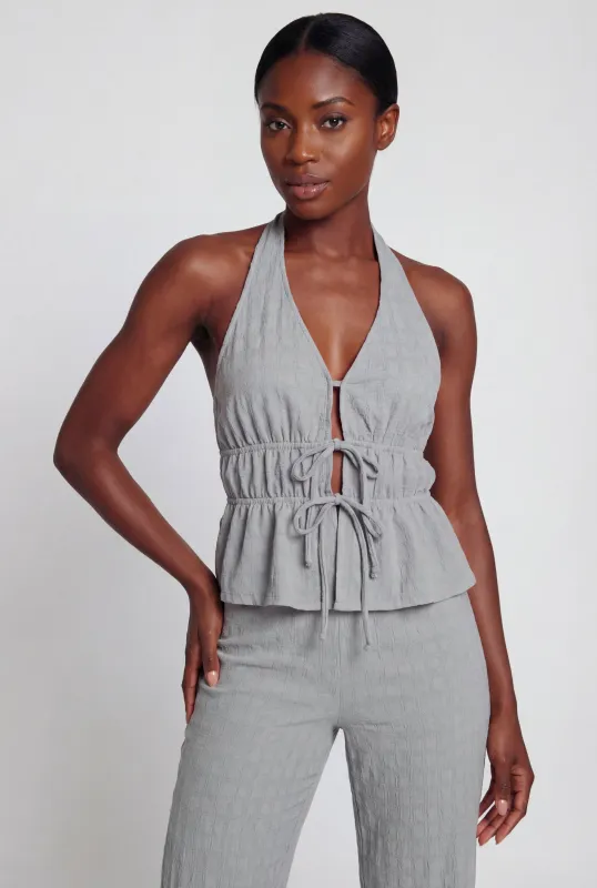 Textured Knit Tie Front Detail Halter Top made by Rainbow