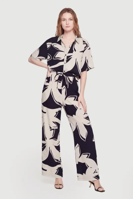 High Waisted Wide Leg Floral Crepe Knit Casual Pants made by Rainbow