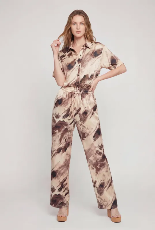 Satin Patterned High Waisted Straight Leg Pants made by Rainbow