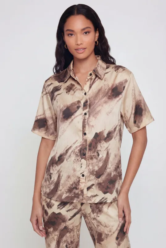Satin Printed Pattern Button Front Shirt made by Rainbow