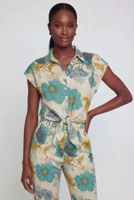 Linen Cap Sleeve Floral Shirt with Tie Front made by Rainbow