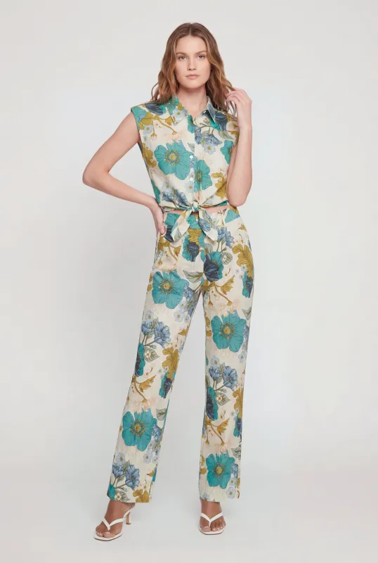 Linen Floral Straight Leg Pants made by Rainbow