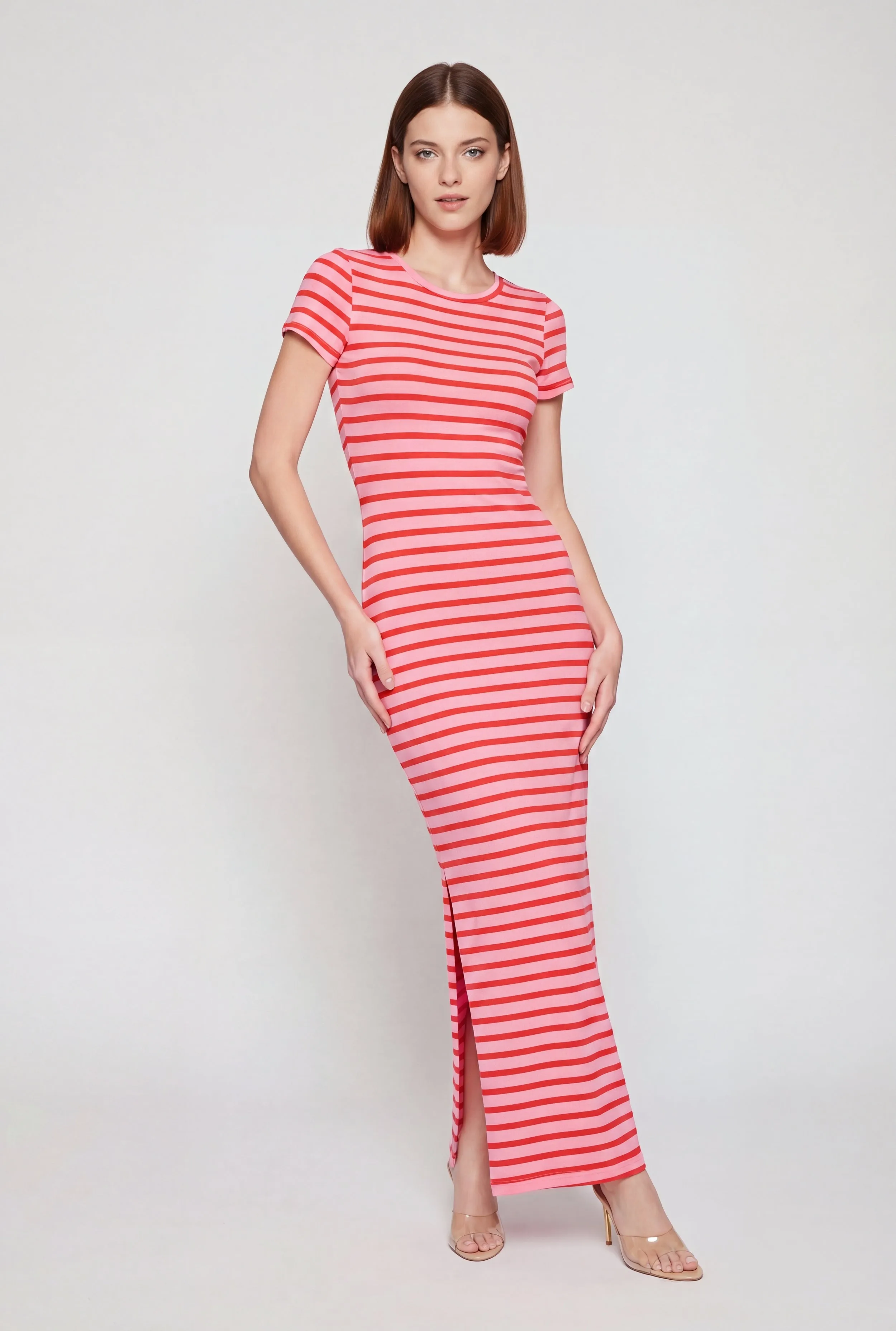 Short Sleeve Striped Dress with Side Slit sold by Rainbow