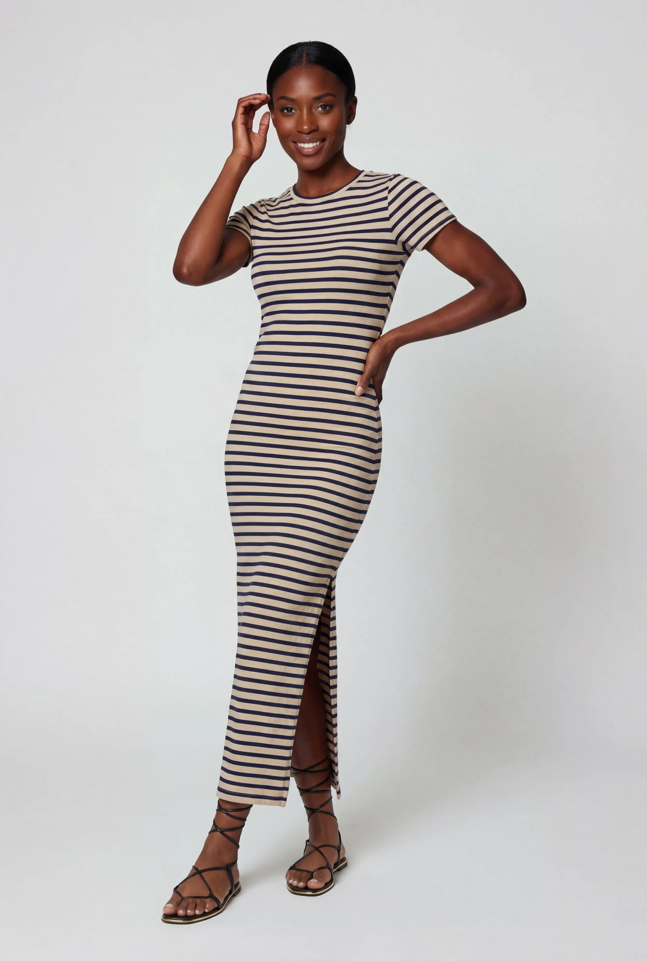 Short Sleeve Striped Dress with Side Slit sold by Rainbow product image thumbnail 4