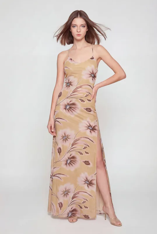 Patterned Side Slit Open Back Maxi Dress made by Rainbow