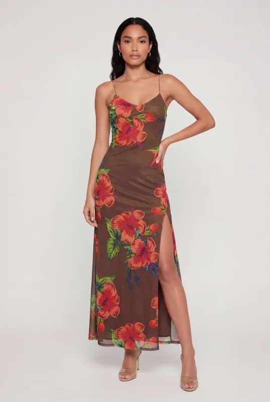 Patterned Side Slit Open Back Maxi Dress made by Rainbow