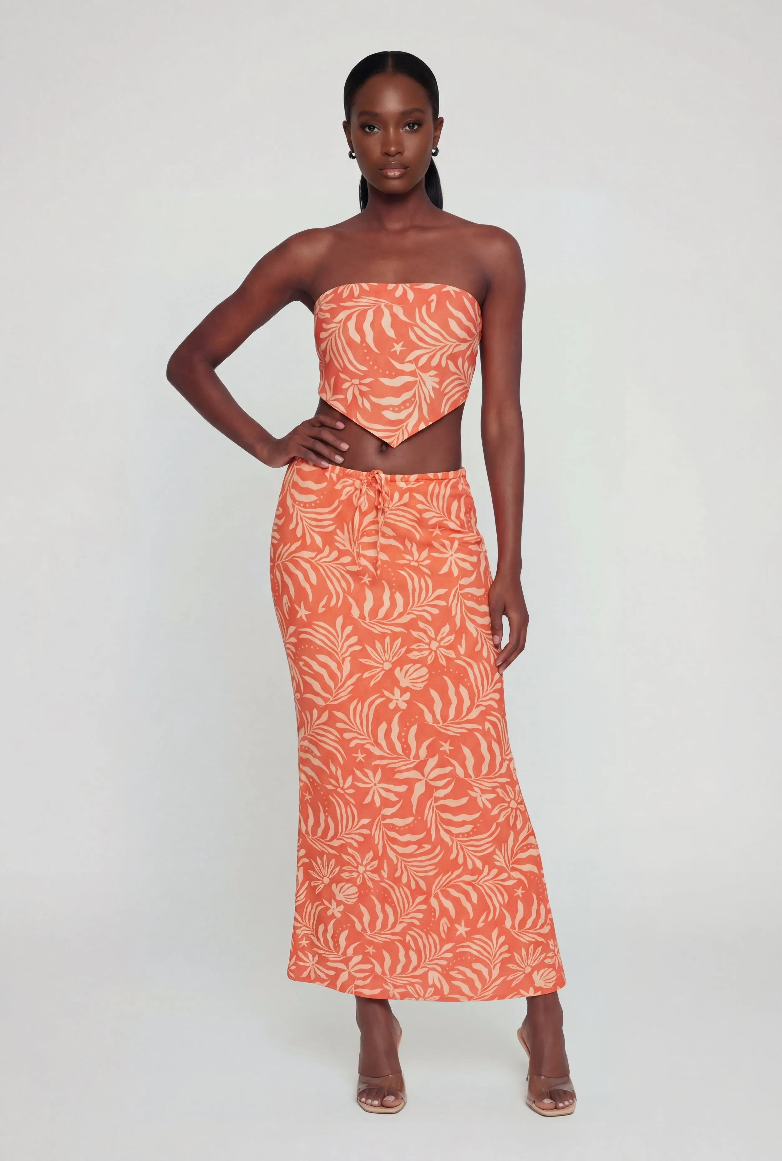 Tropical Leaf Print Drawstring Waist Maxi Skirt sold by Rainbow