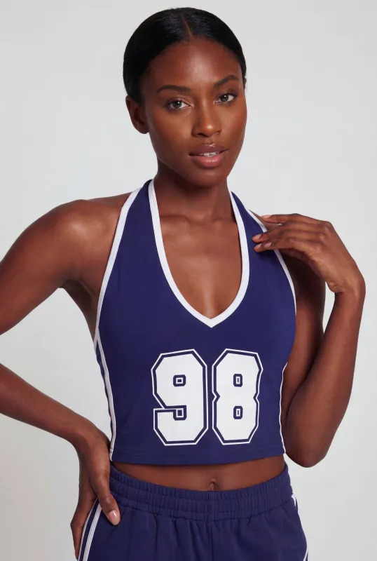 Varsity Stripe Number Graphic Halter Crop Top made by Rainbow