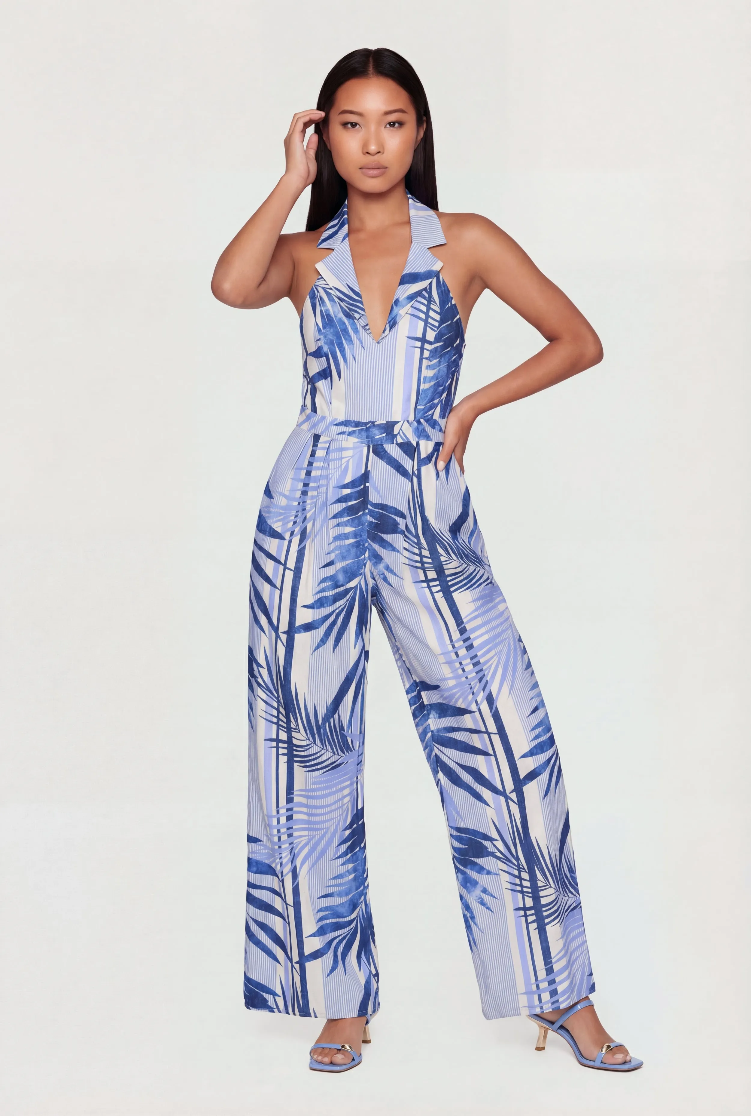 Striped Floral Print Collared Jumpsuit with Smocked Zip Back sold by Rainbow