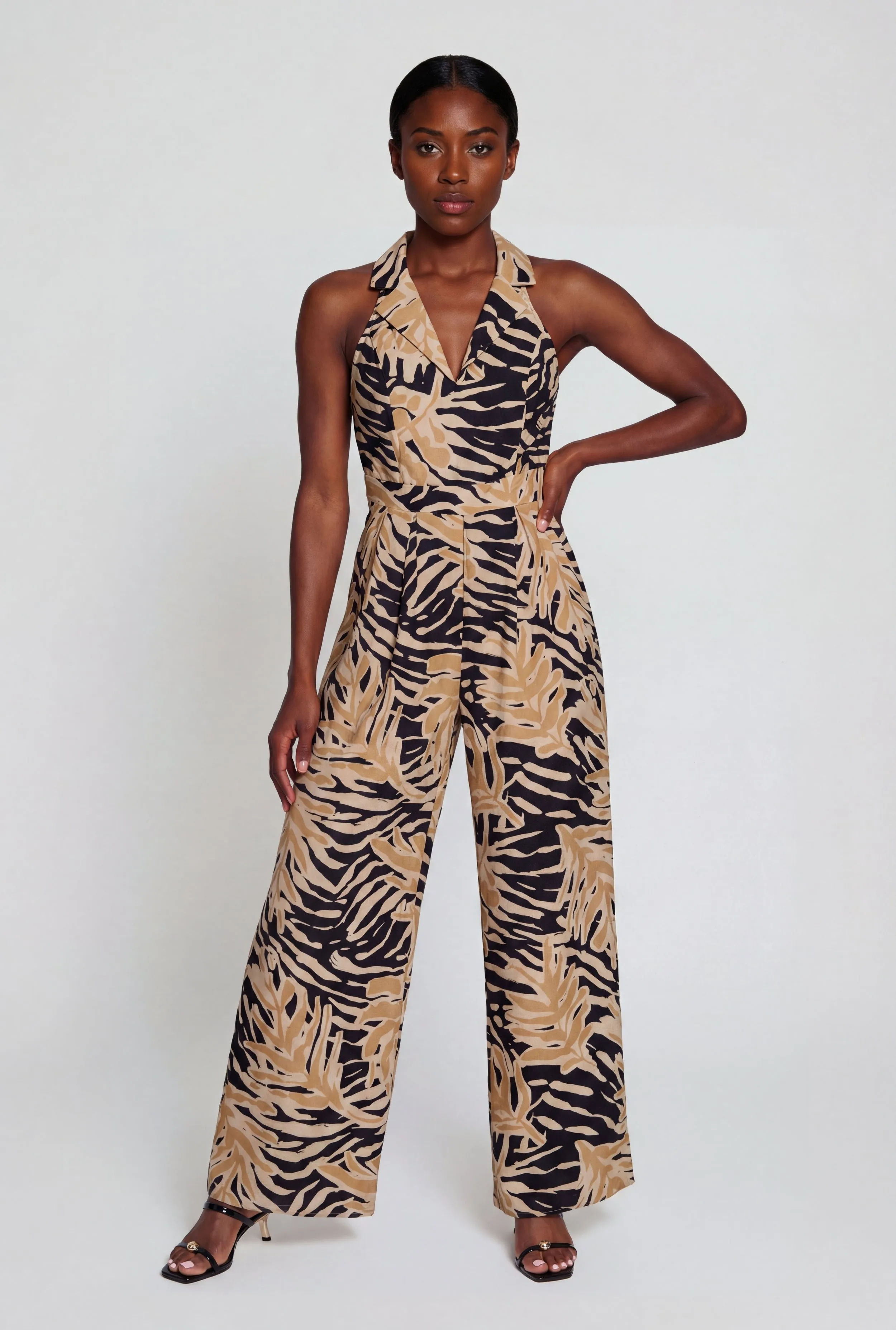 Gauze Knit Collared Halter Jumpsuit with Smocked Zip Back sold by Rainbow