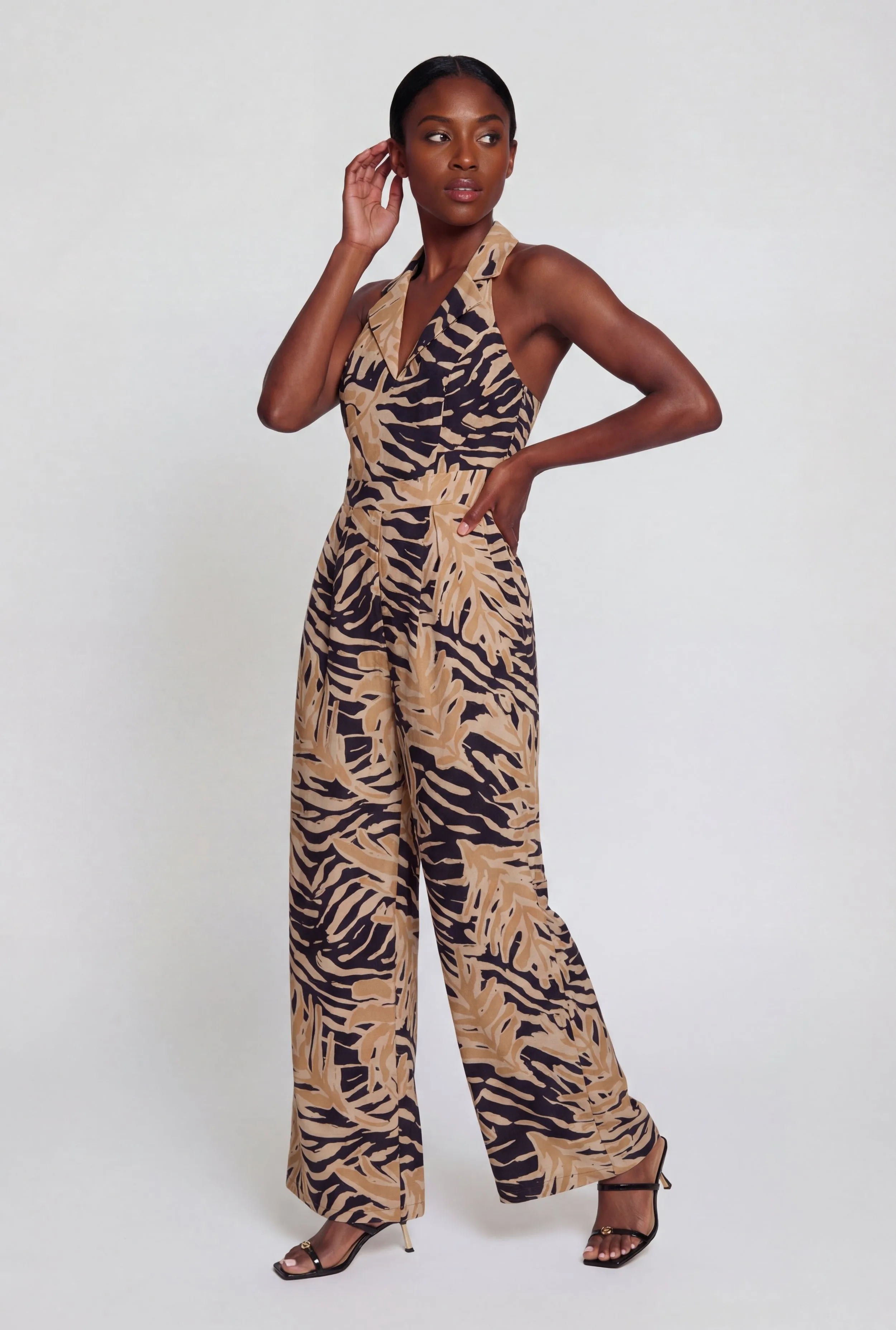 Gauze Knit Collared Halter Jumpsuit with Smocked Zip Back sold by Rainbow product image thumbnail 2