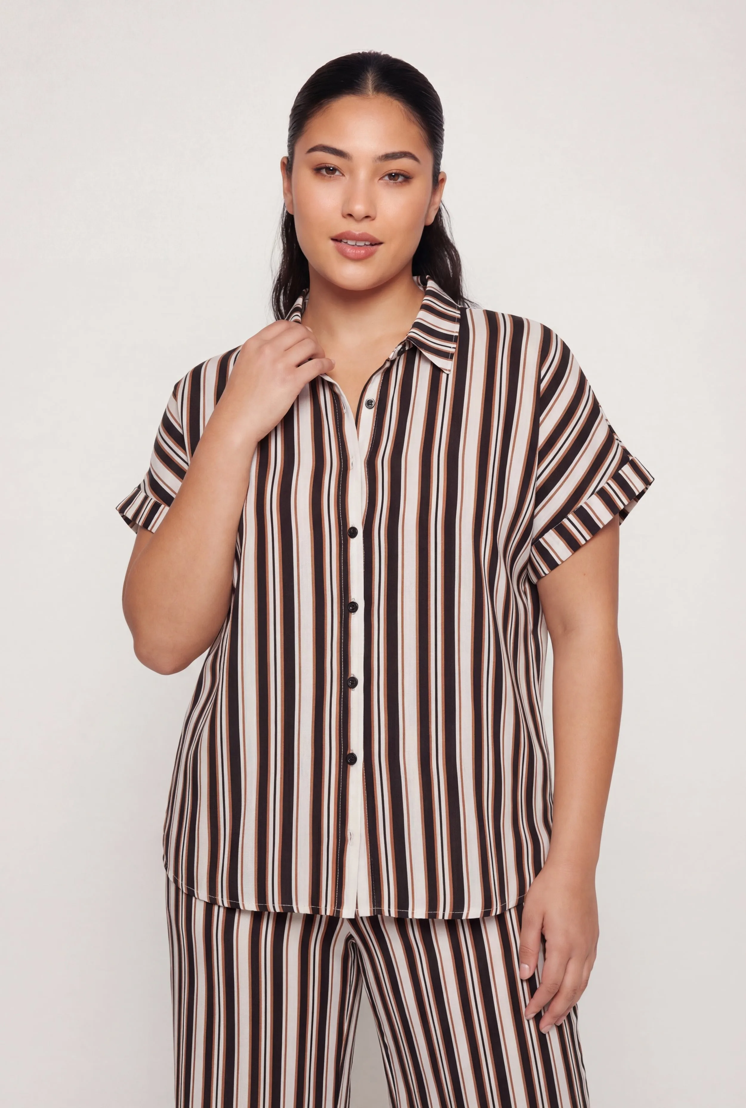 Plus Size Crepe Knit Striped Button Front Shirt sold by Rainbow