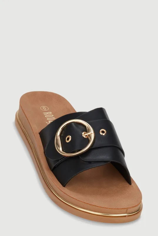 Faux Leather Buckle Detail Footbed Sandals made by Rainbow