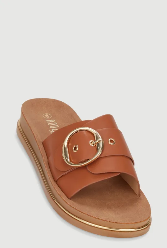 Faux Leather Buckle Detail Footbed Sandals made by Rainbow