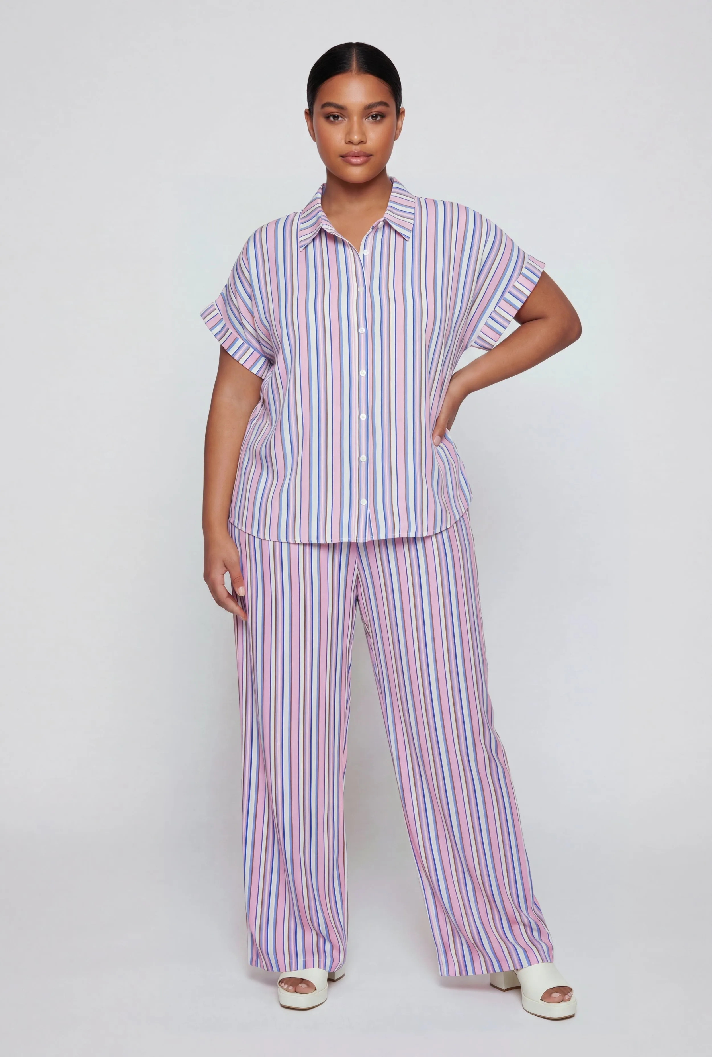 Plus Size Crepe Knit Striped Wide Leg Pants sold by Rainbow