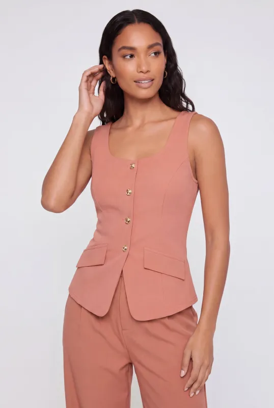 Metallic Button Front Crepe Knit Blazer Vest made by Rainbow