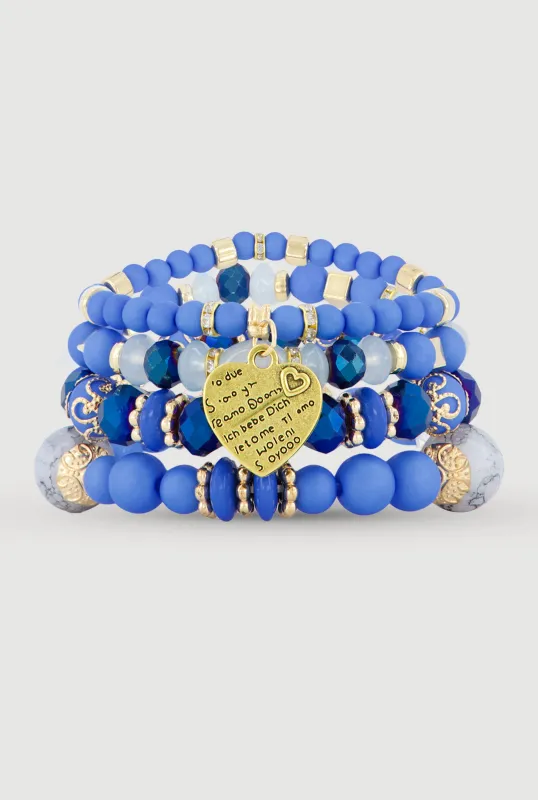 Heart Charm Beaded Stretch Bracelets Set of 4 made by Rainbow