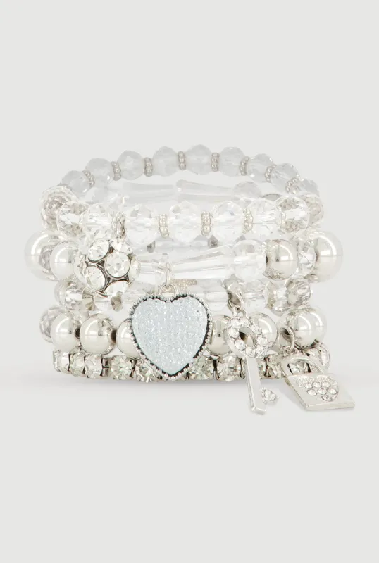 Lock and Key Heart Charm Stretch Bracelets Set of 5 made by Rainbow