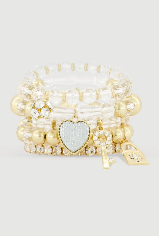 Lock and Key Heart Charm Stretch Bracelets Set of 5 made by Rainbow