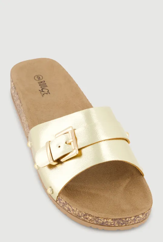 Buckle Detail Band Slide Sandals made by Rainbow