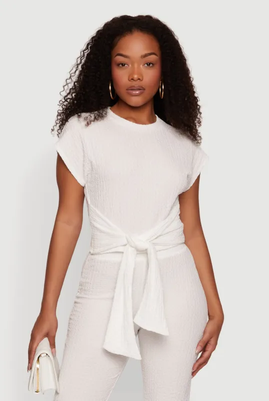 Textured Knit Tie Front Crop Top made by Rainbow