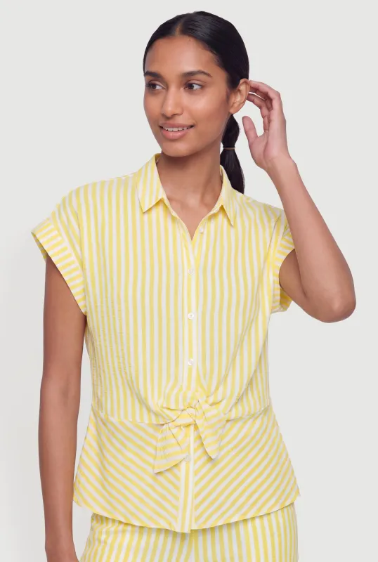 Striped Crepe Knit Button Front Blouse made by Rainbow