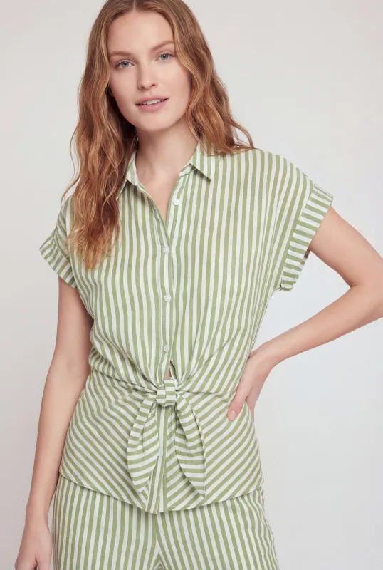 Striped Crepe Knit Button Front Blouse made by Rainbow