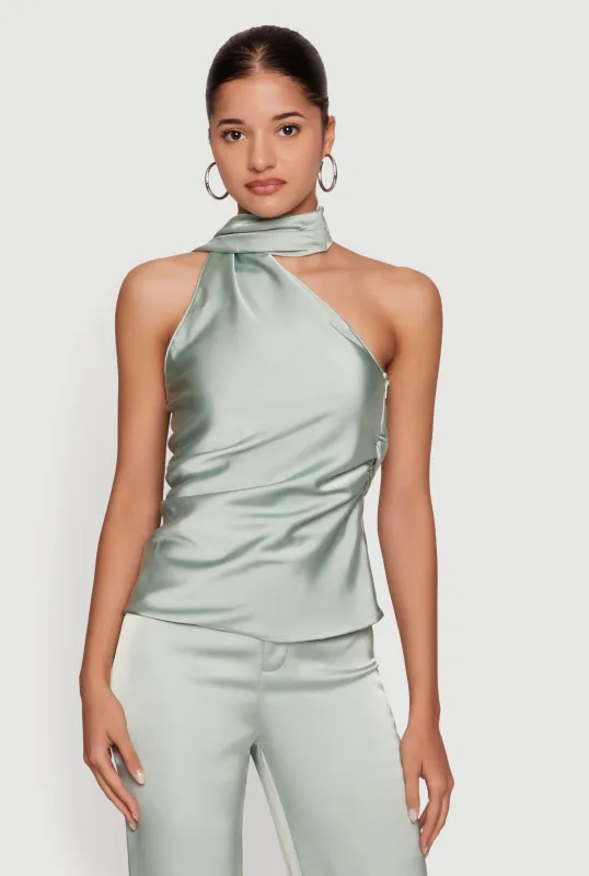 Satin Ruched Scarf Neck Asymmetrical Blouse made by Rainbow