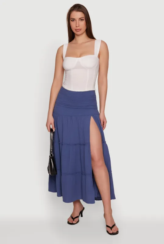 Gauze Knit Side Slit Tiered Maxi Skirt made by Rainbow