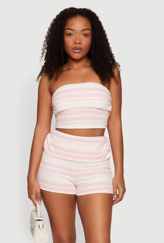Striped Side Ruched Fold Over Crop Tube Top made by Rainbow