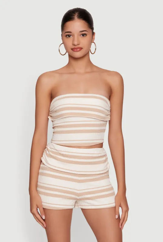 Striped Side Ruched Fold Over Crop Tube Top made by Rainbow