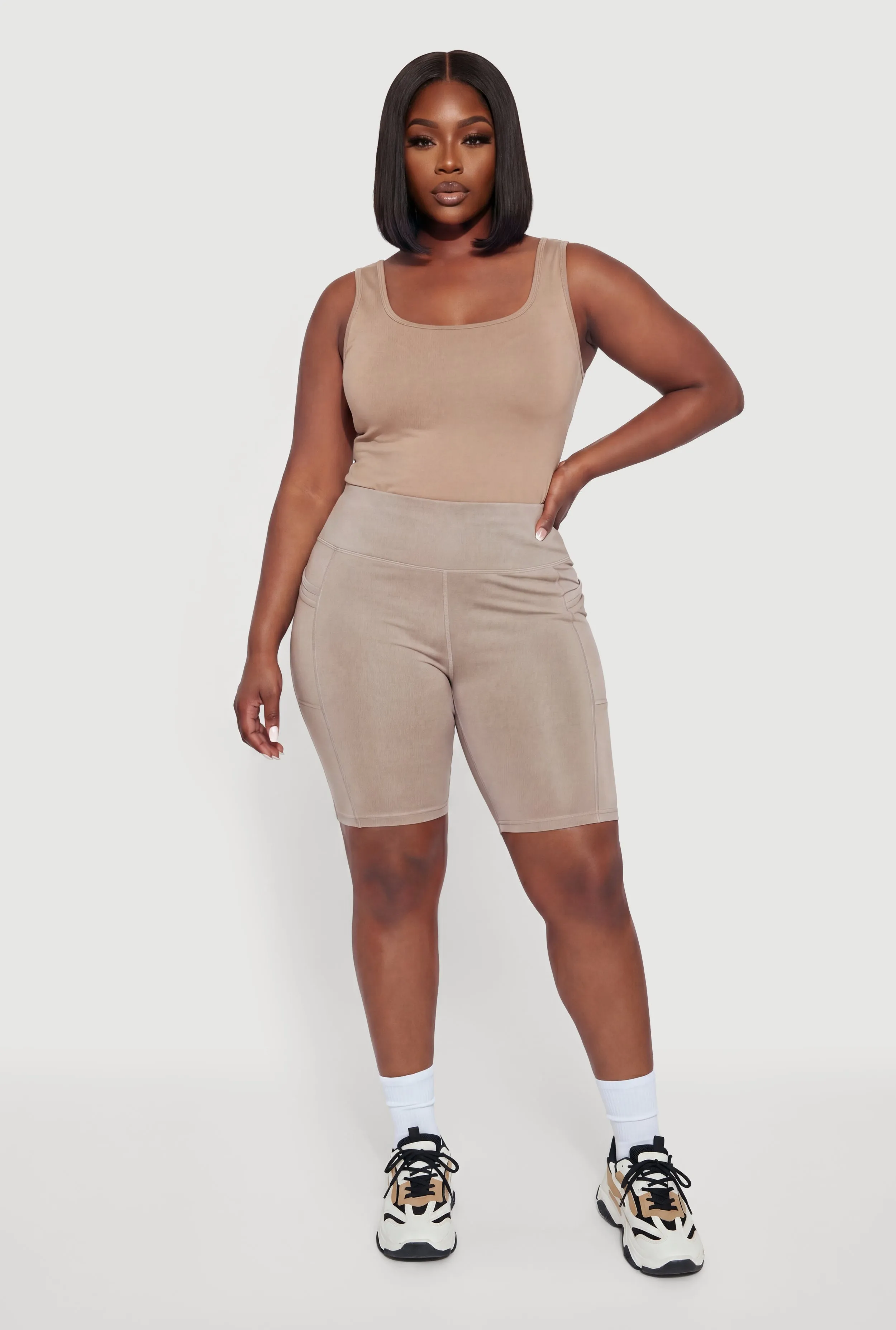 Plus Size High Waisted Double Cell Phone Pocket Biker Shorts sold by Rainbow