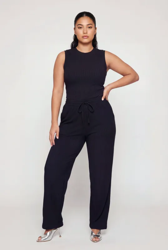 Plus Size Rib Knit High Waisted Wide Leg Pants made by Rainbow