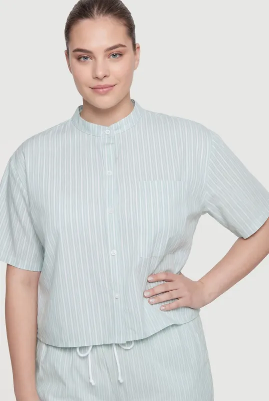 Plus Size Striped Poplin Button Front Short Sleeve Shirt made by Rainbow