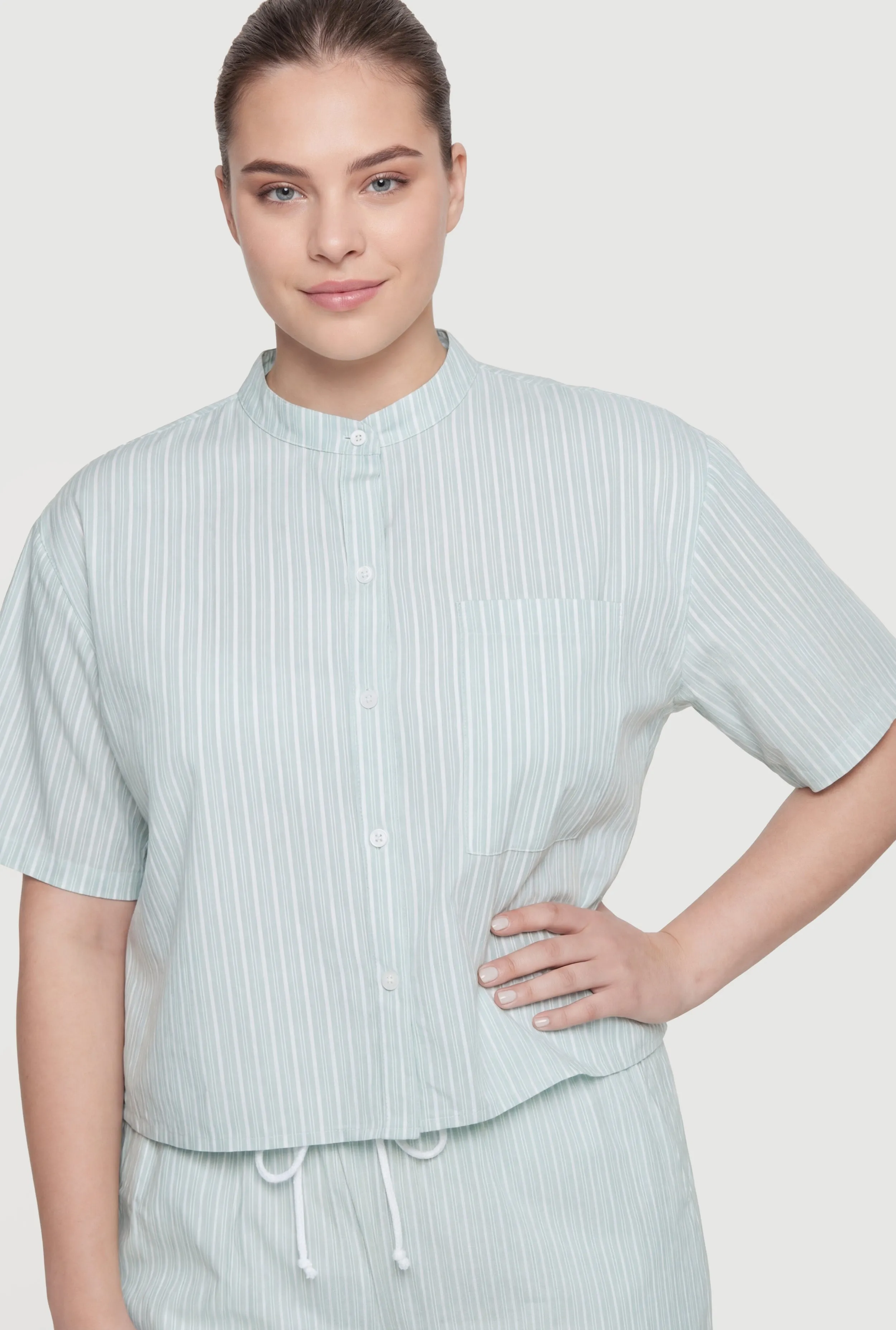 Plus Size Striped Poplin Button Front Short Sleeve Shirt sold by Rainbow