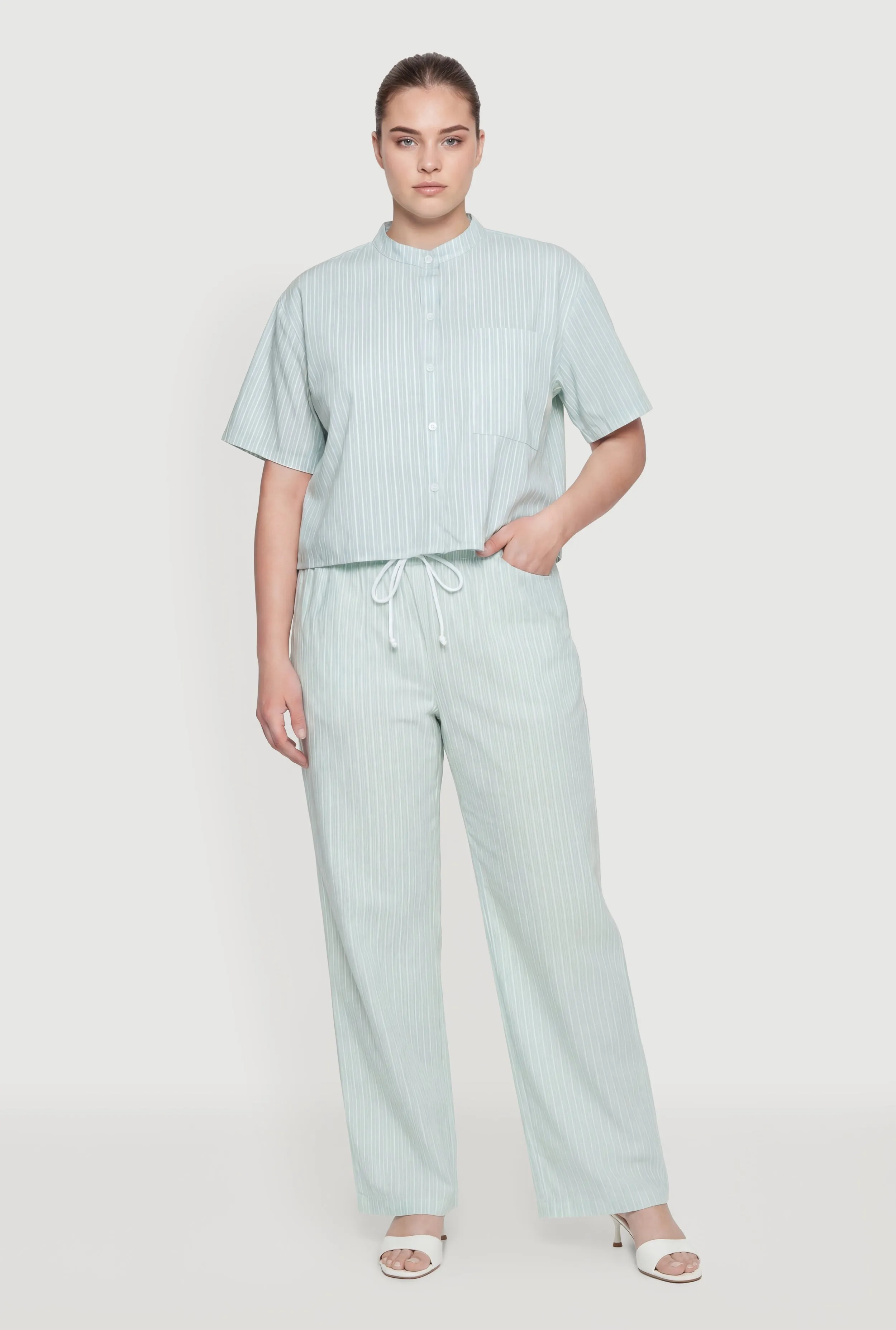 Plus Size Striped Poplin Drawstring Waist Pants sold by Rainbow