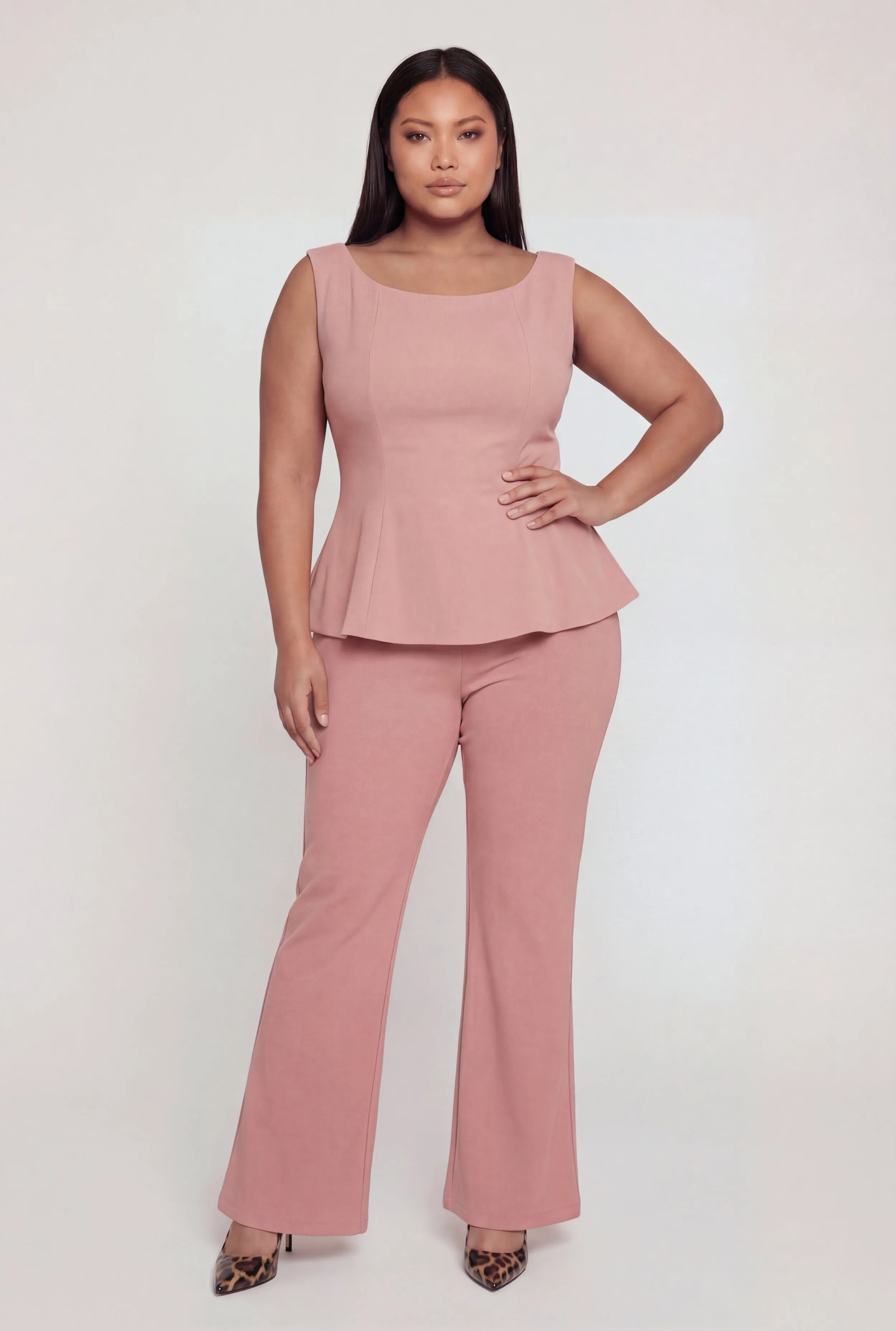 Plus Size High Waisted Flare Leg Crepe Knit Dress Pants sold by Rainbow