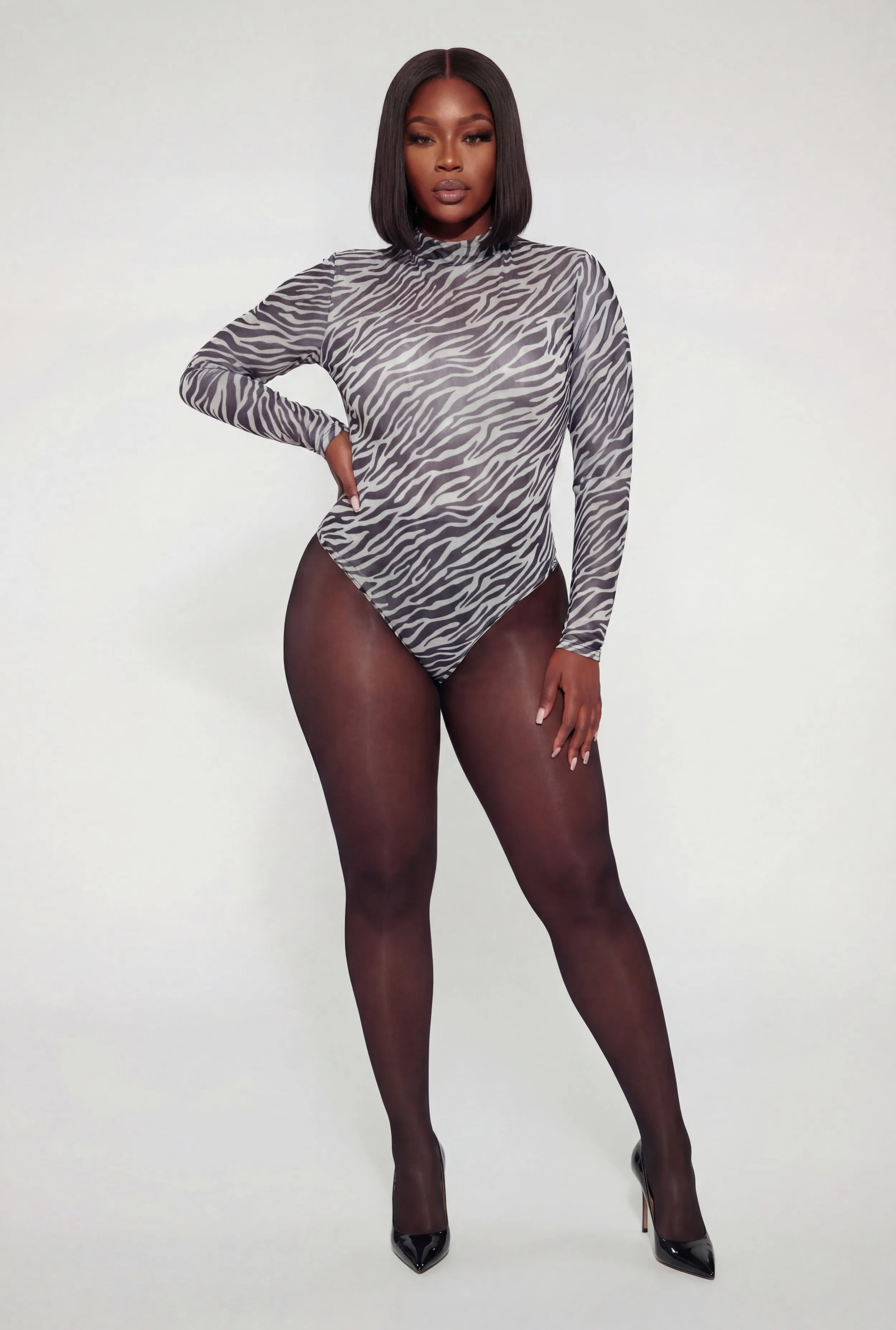 Plus Size Mesh Zebra Print Long Sleeve Bodysuit sold by Rainbow