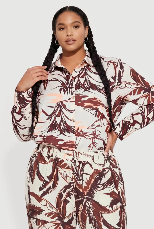 Plus Size Palm Tree Print Button Front Shirt made by Rainbow