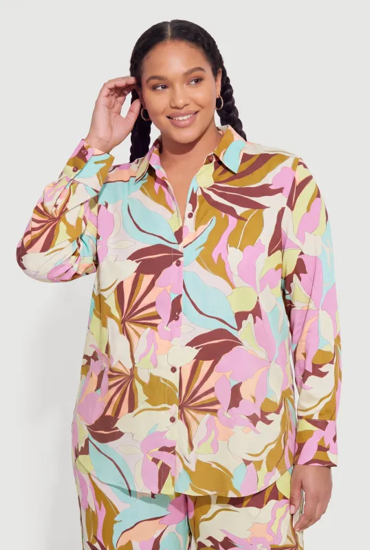 Plus Size Abstract Floral Print Button Front Shirt made by Rainbow