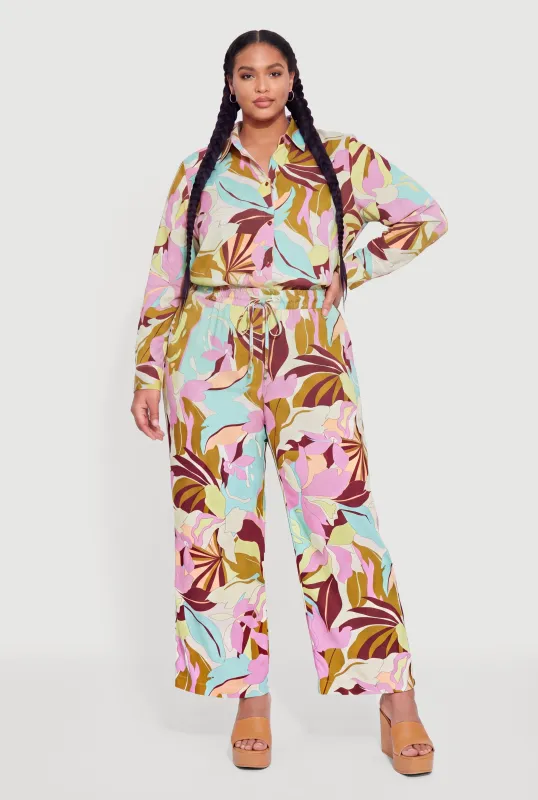 Plus Size Abstract Floral Print Wide Leg Pants made by Rainbow