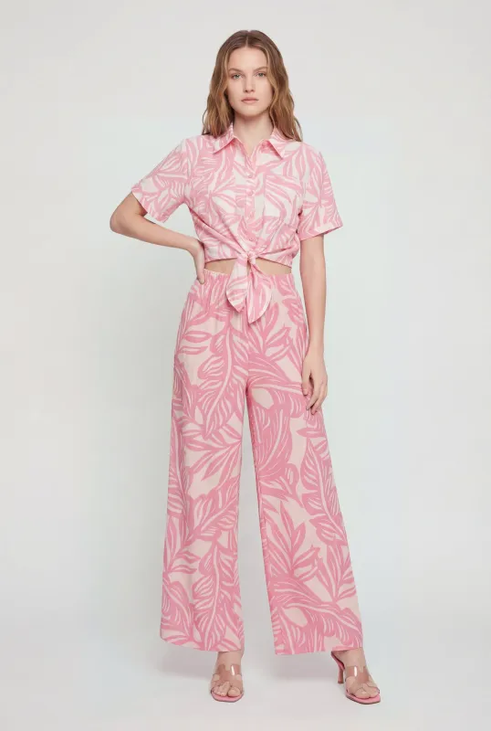 Tropical Leaf Print Crepe Knit Wide Leg Pants made by Rainbow
