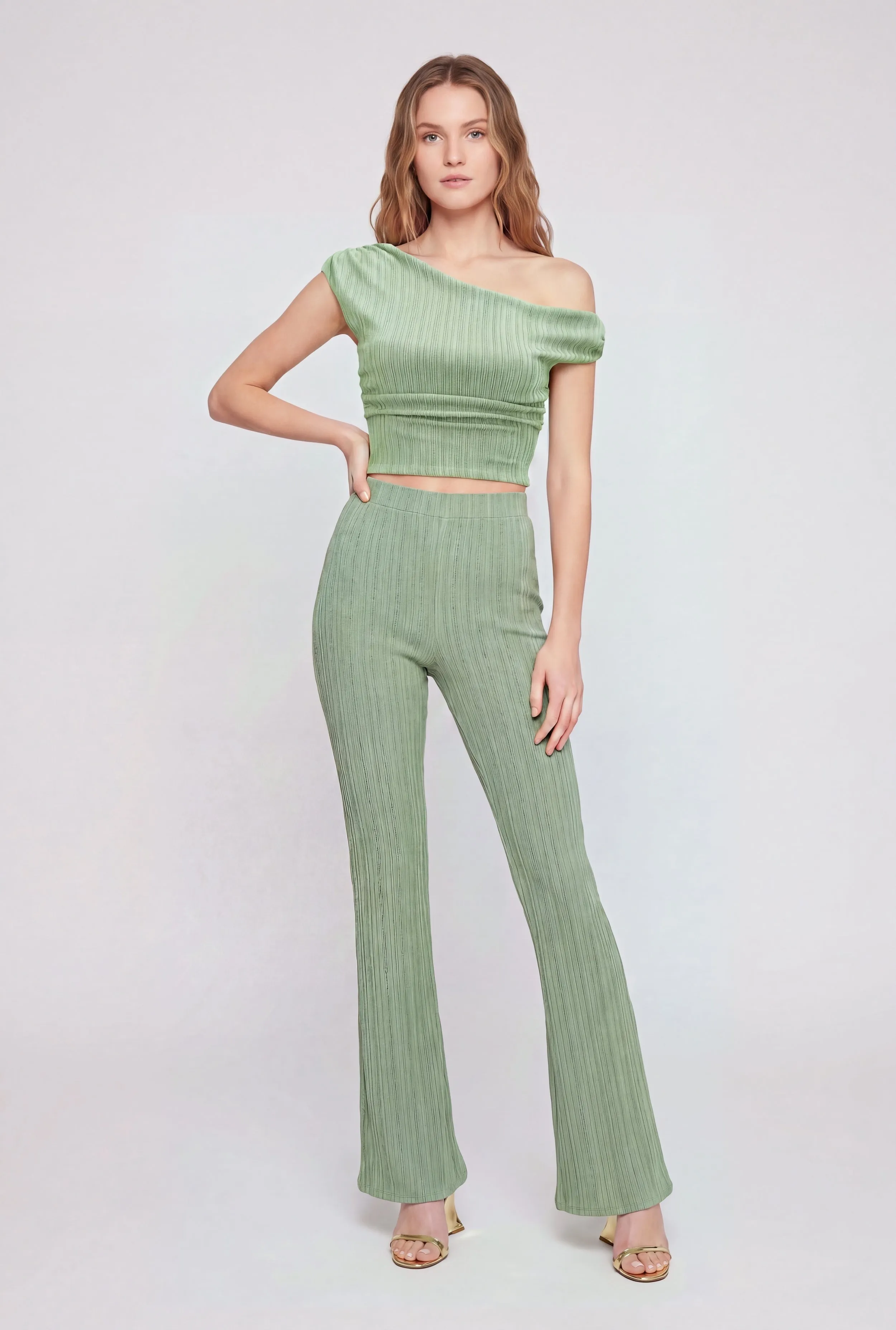 High Waisted Textured Knit Boot Cut Pants sold by Rainbow