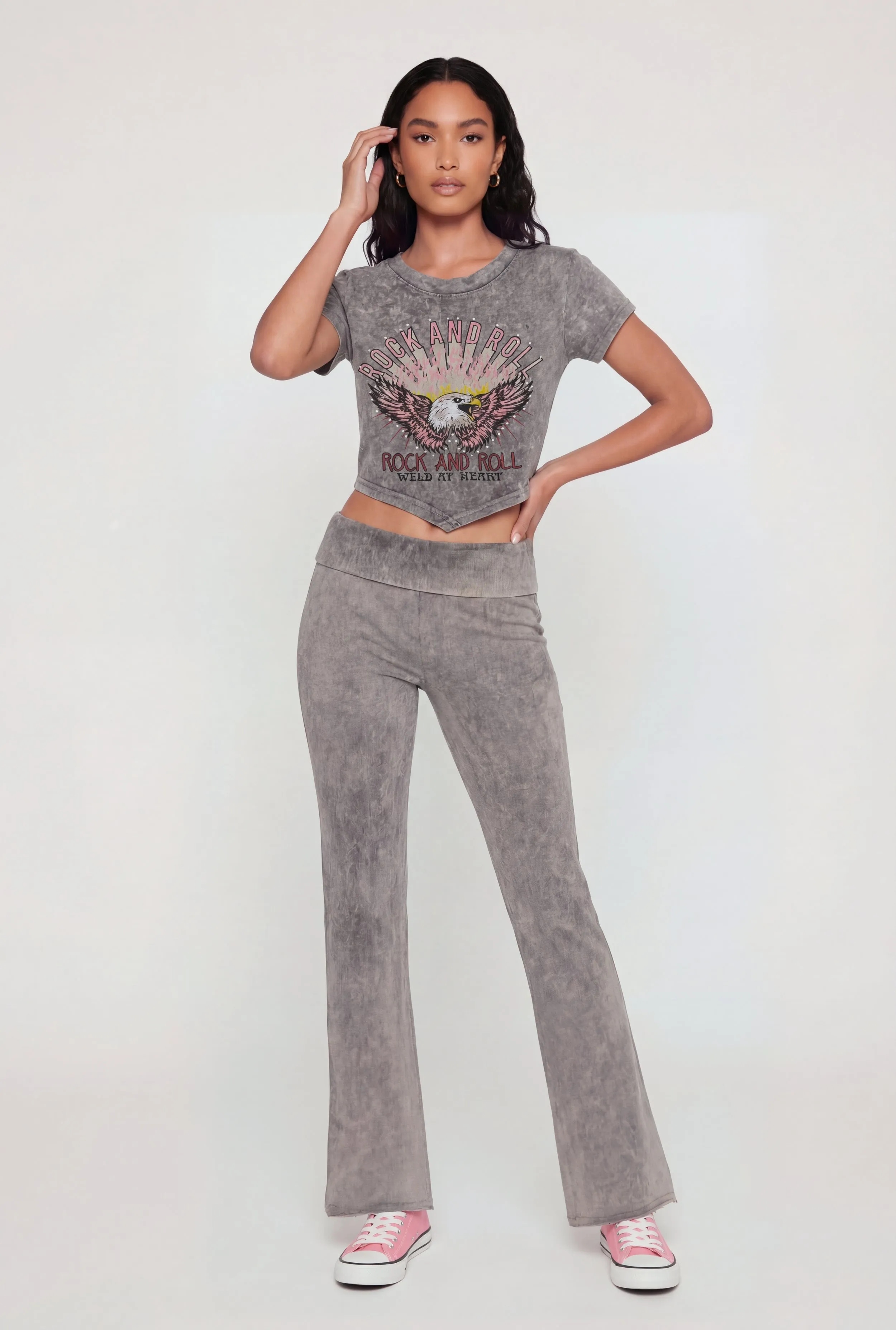 Acid Wash Fold Over High Waisted Pants sold by Rainbow