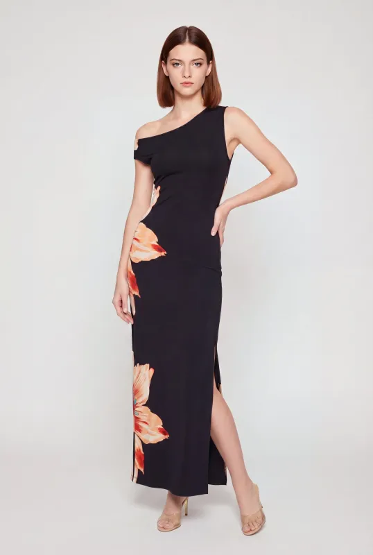 Floral One Shoulder Side Slit Maxi Dress made by Rainbow